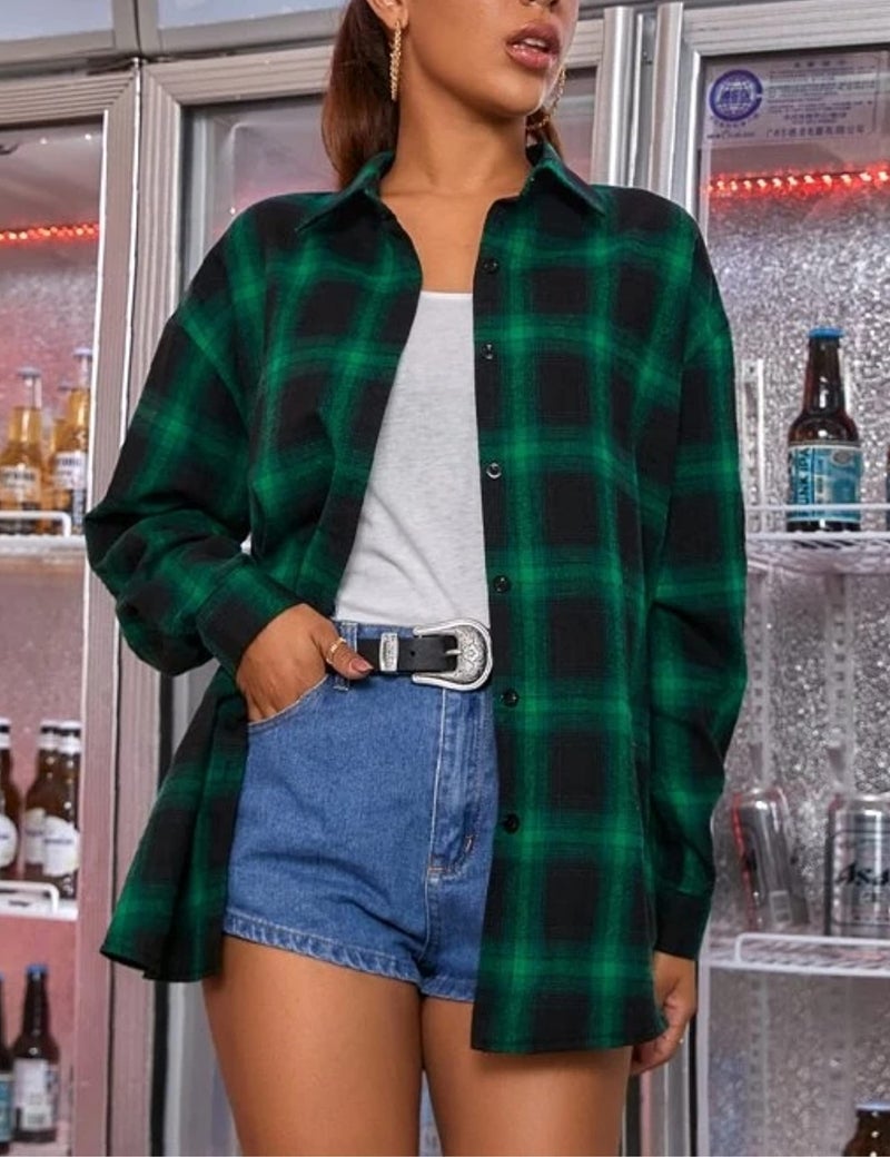 HangNiFang Oversized Dark Green Flannel Plaid Shirts for Women Long Sleeve Button Down Shirts Blouse(0368-DarkGreen-XL) - Image 2